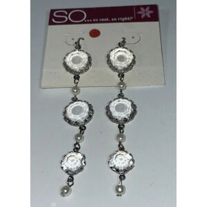Clear Round Long Faux Pearl Dangle Drop Earrings NEW Silver‎ Tone